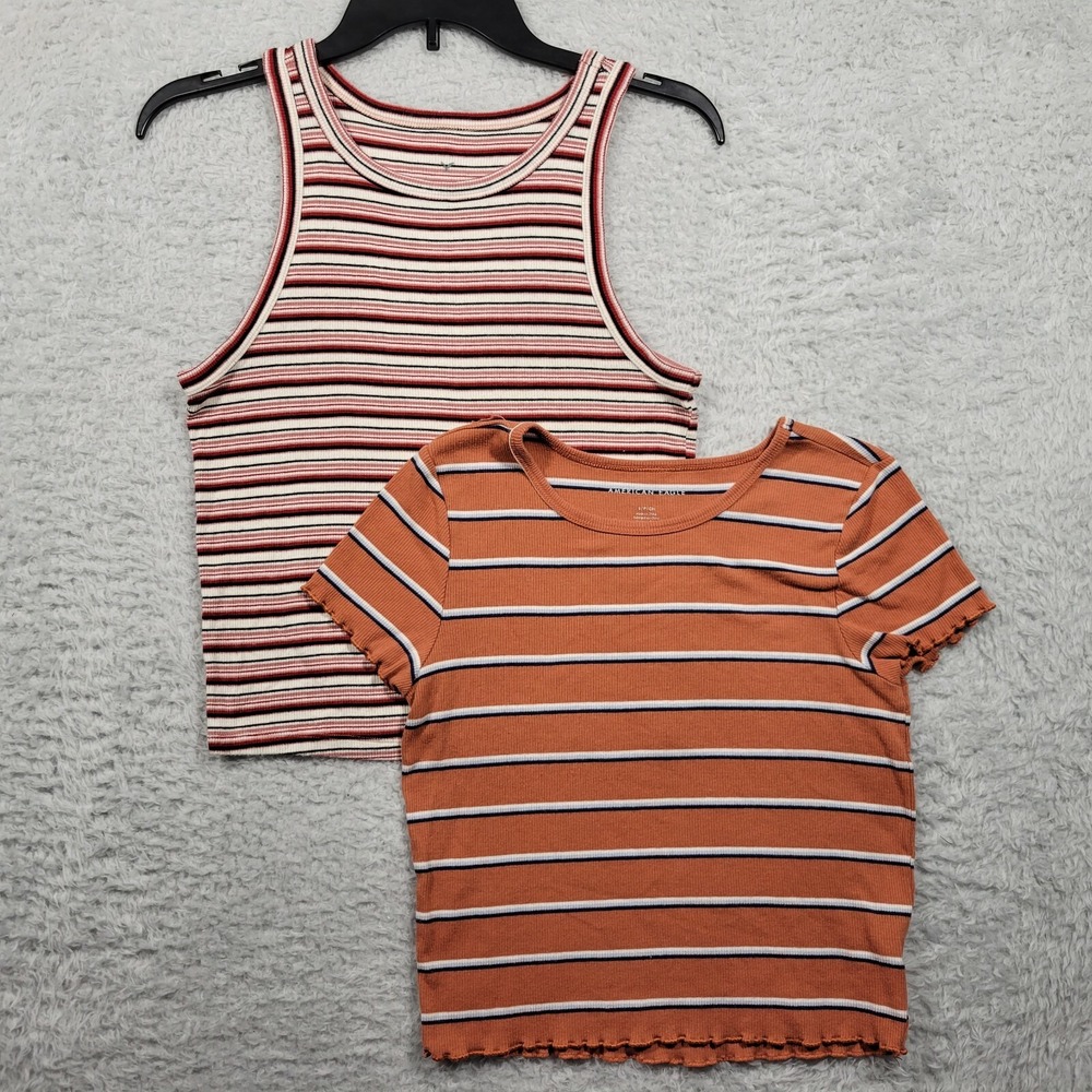 American Eagle Striped Top Bundle Women Small Orange Red Ribbed Knit Lot of 2